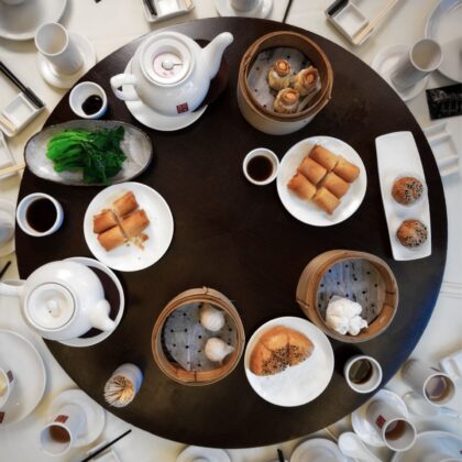 A traditional round table dim sum set up.