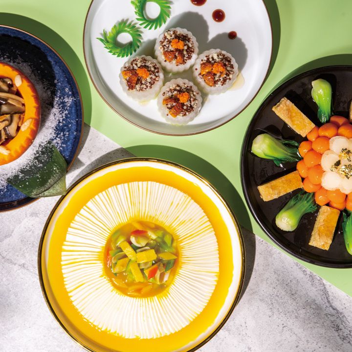 Assorted multi-coloured vegetable dishes made with tofu sheet, served on round platters against stone and green background.