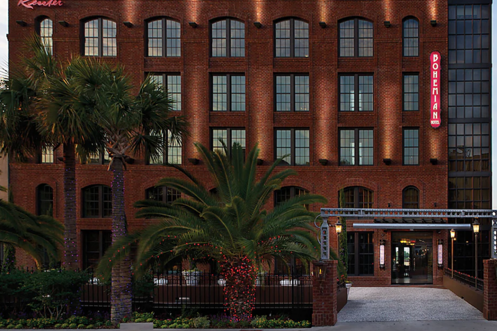 Front entrance of The Bohemian Hotel Savannah Riverfront in Savannah GA.